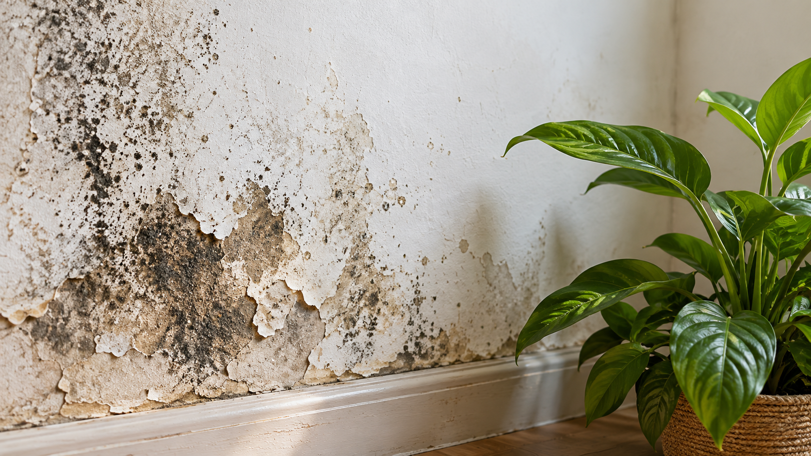 Damp wall beside a healthy indoor plant