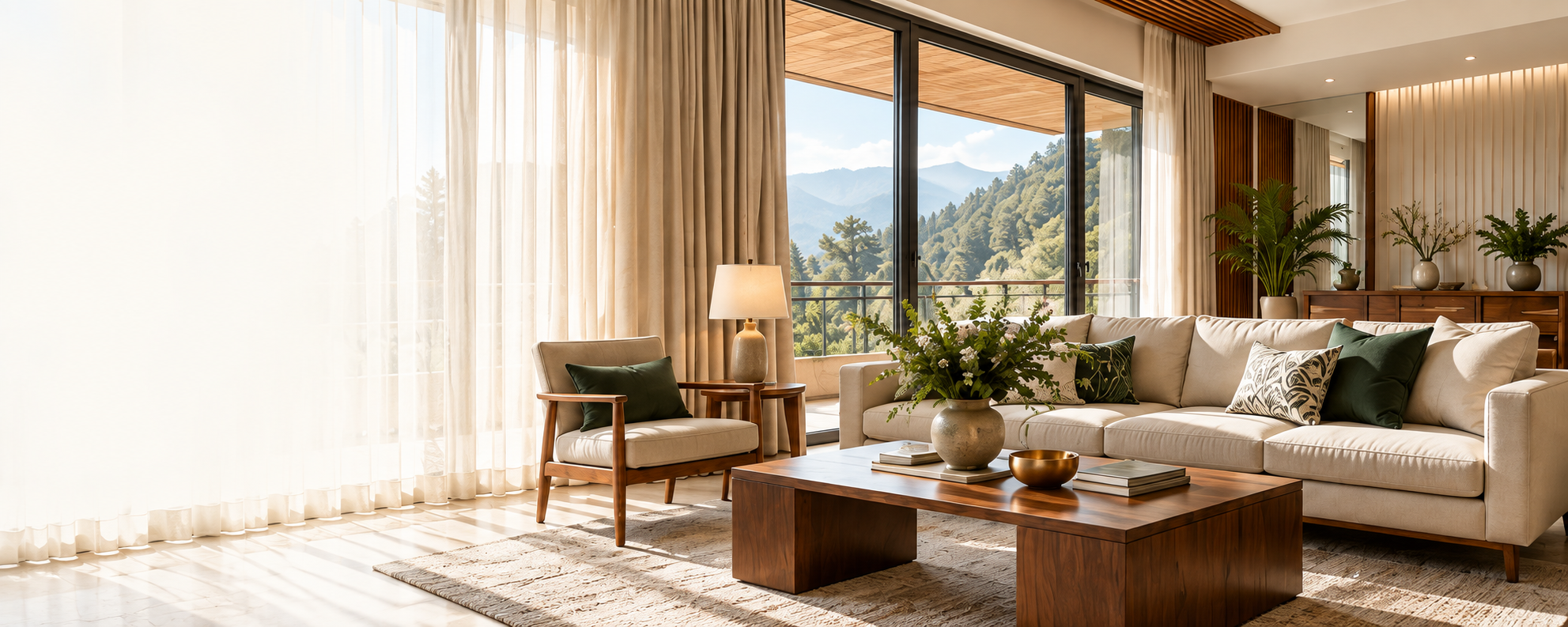 Warm living room with layered curtains overlooking the Himalayan hills